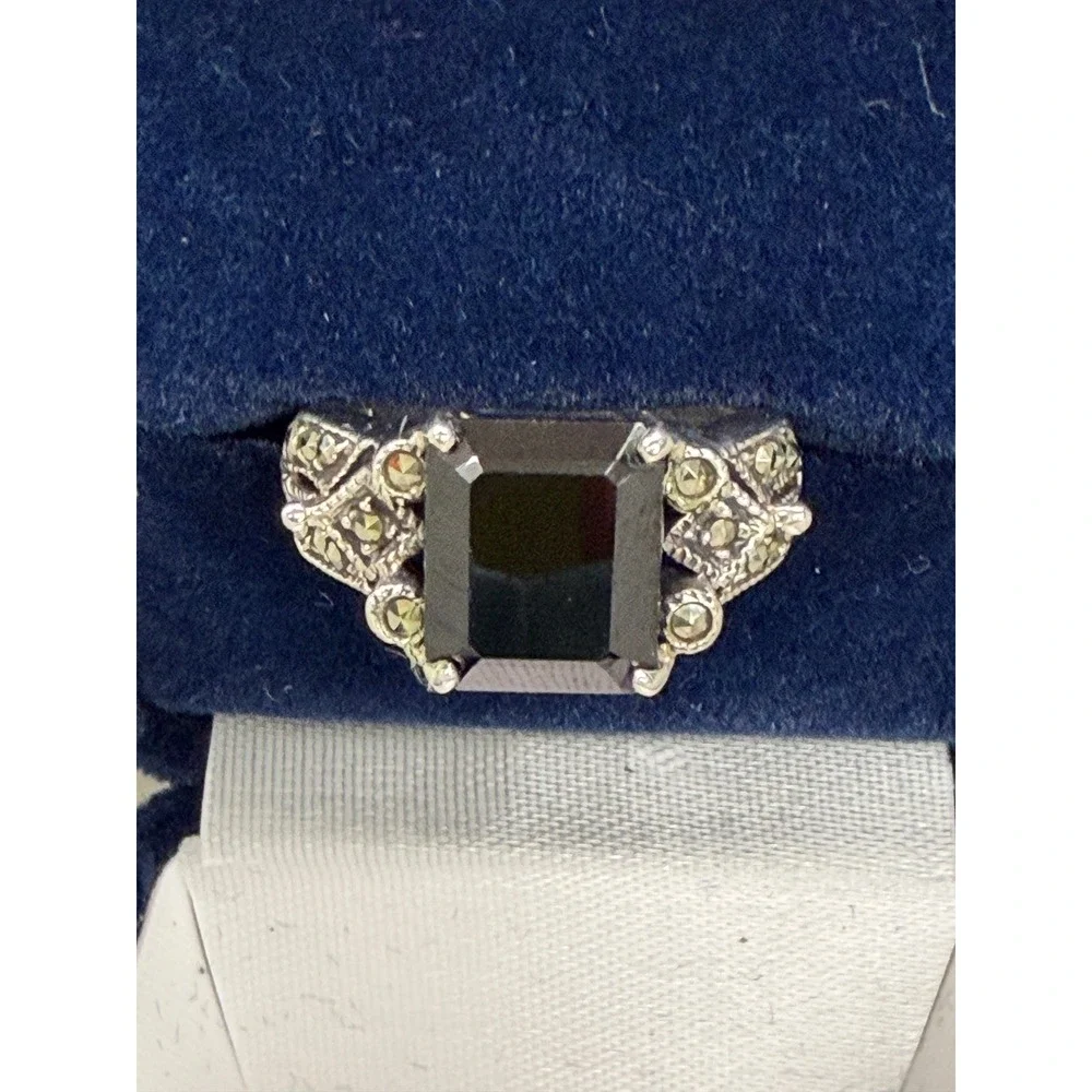 925 Silver Emerald Cut Black Stone Marcasite Accent Vintage Style Ring Size 6.75